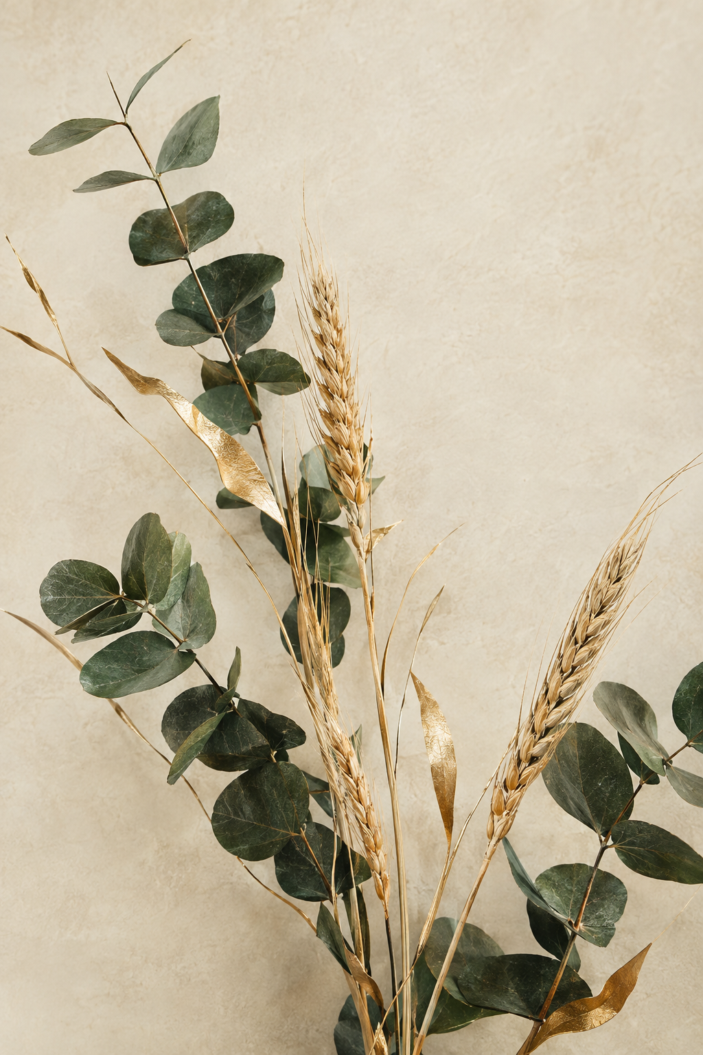 Botanical composition with eucalyptus leaves and golden wheat on a cream background
