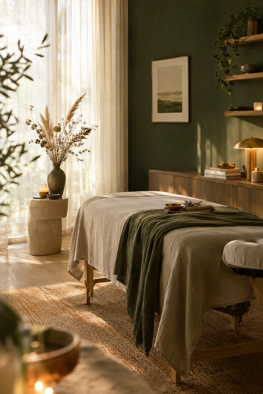 A serene treatment room with soft morning light, natural linens, and botanical elements